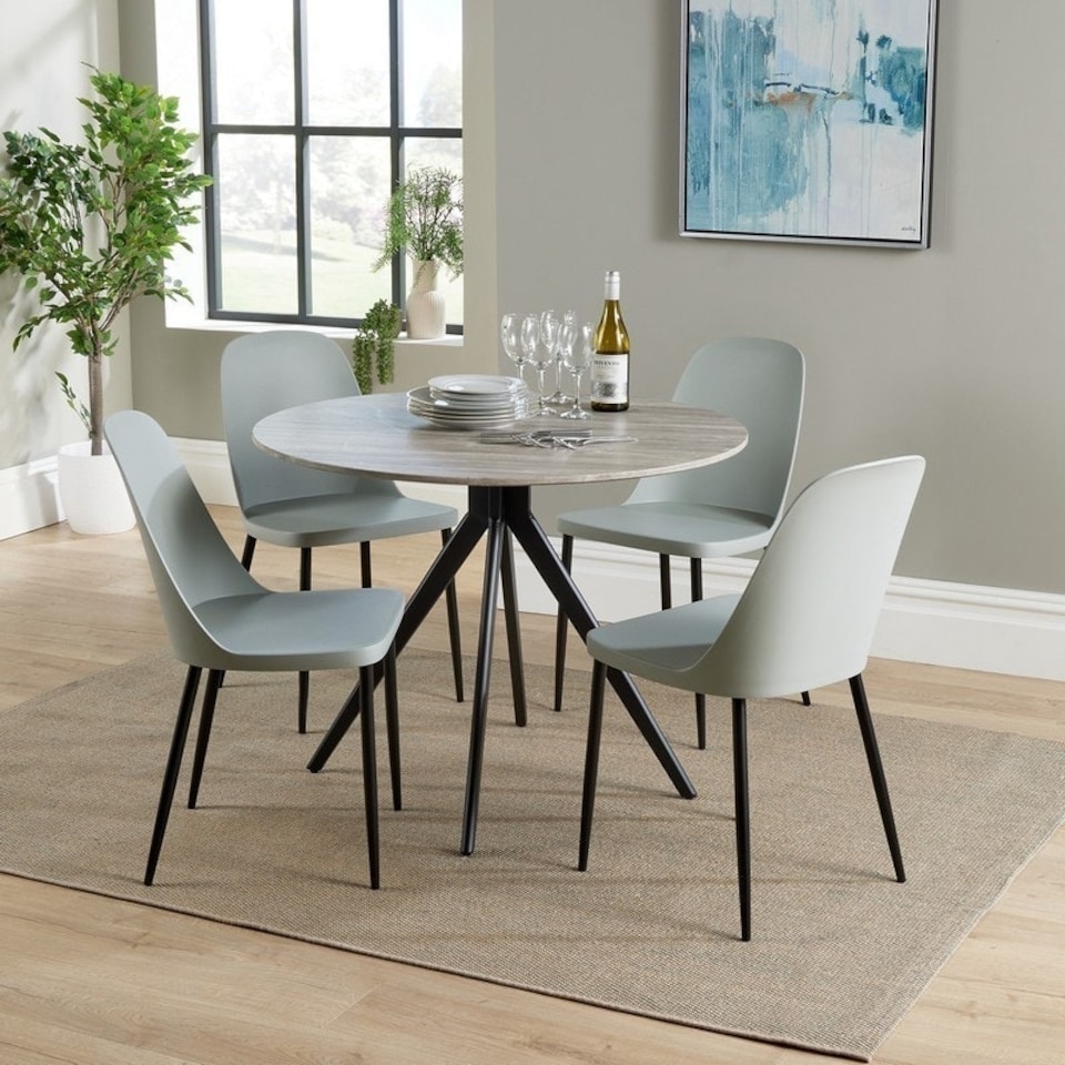image 1 of Aspen Round Dining Table and 4 Duo Plastic Seats Chairs with Metal Legs - Grey Oak/Black - Flat Packed Grey