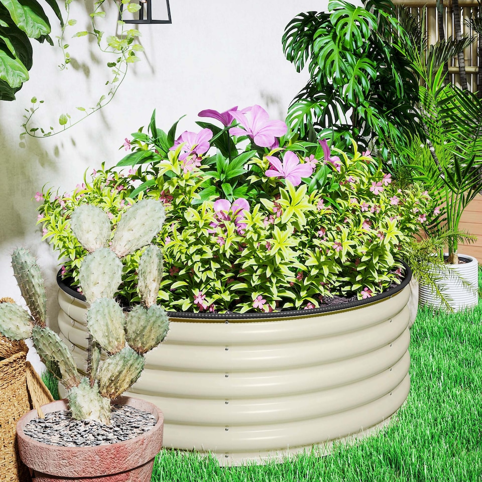 image 1 of Outsunny Galvanised Planter with Gloves, 120 x 120 x 43cm, Cream White | Cream | Cream