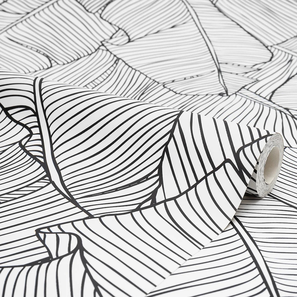 image 1 of Banana Leaf Wallpaper in Mono | White | Black, Light, White | 50cm x 10m