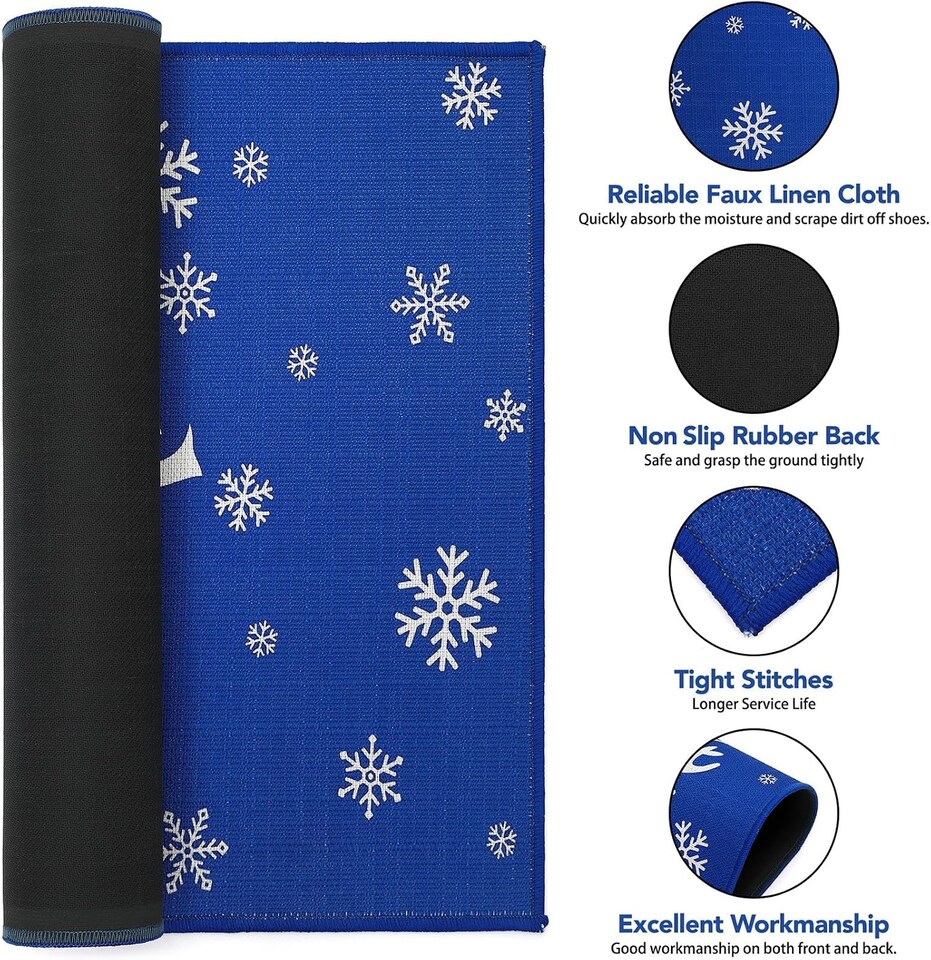 image 1 of London Boutique Christmas Doormat with Snowflake and Reindeer Print, Blue, 50 x 80 cm
