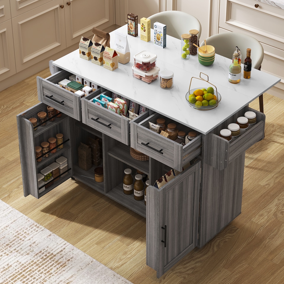 image 1 of VILUXE Mobile Kitchen Island with Foldable Marble-Effect Worktop, 3 Drawers, Adjustable Storage, Towel Holder, Wheels and Solid Wood Feet, Grey