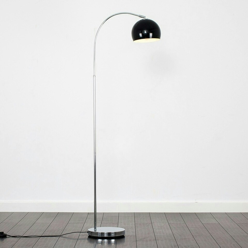 image 1 of ValueLights Polished Chrome Curved Stem Floor Lamp With Gloss Black Metal Dome Light Shade