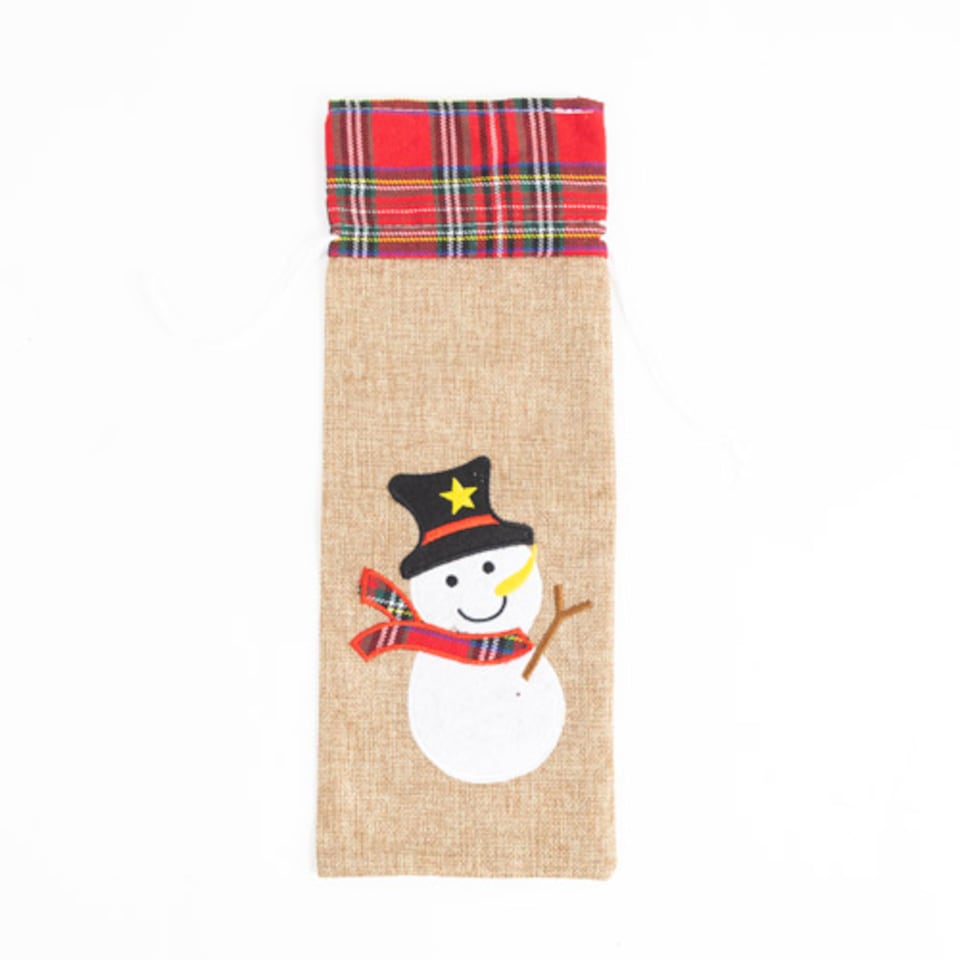 Snowman & Tartan Natural Hessian Christmas Bottle Gift Bag 37cm