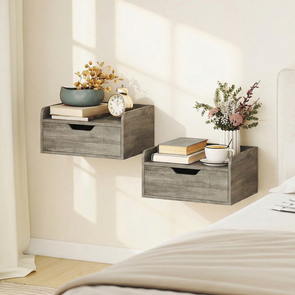 image 1 of HOMCOM Floating Nightstands Set of 2, Nightstand with Drawer | Grey | Natural wood | 40W x 30D x 19.5H cm