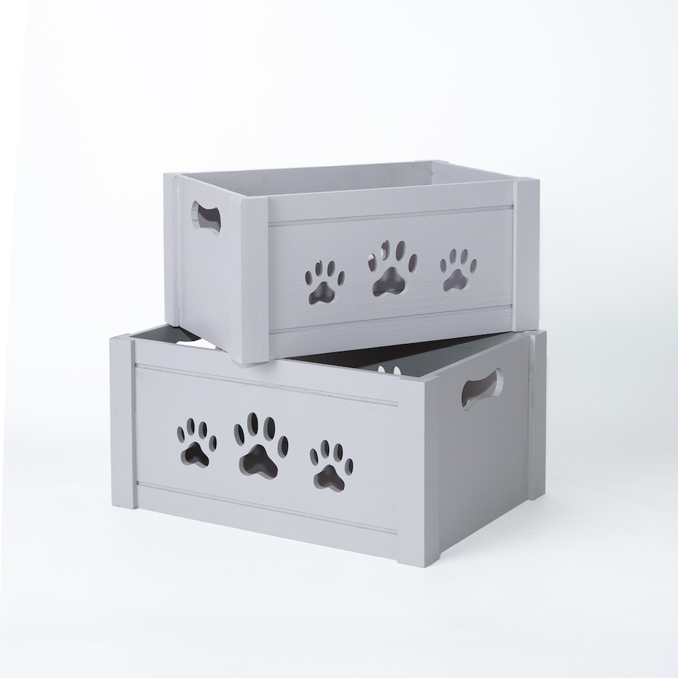 image 1 of Paw Shaped Cutout Dog Toys Chest Gift Hampers Storage Collection Box Wooden Crates Gift Hampers (Grey, Small)