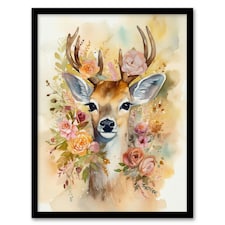 My Roses Watercolour Stag Buck Soft Serene Black Framed Wall Art Print A4