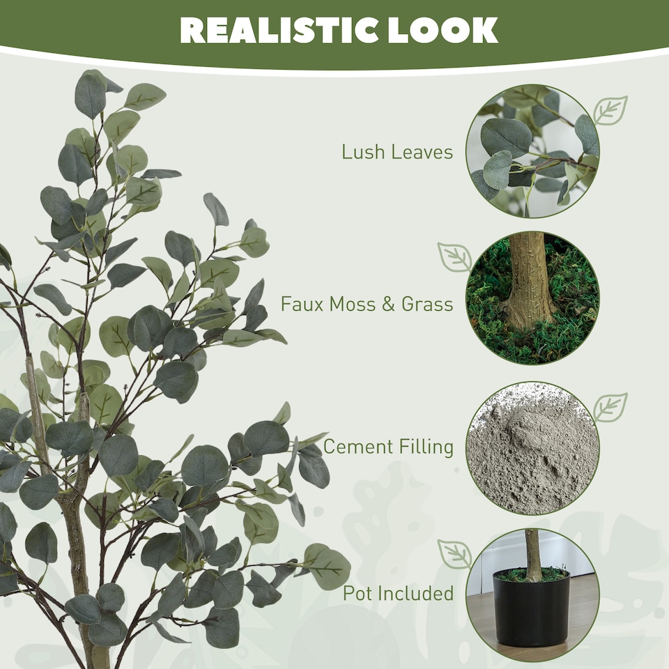 image 1 of HOMCOM Decorative Artificial Tree, 5ft 150cm Silk Eucalyptus Tree with 230 Silver Dollar Leaves in Pot, Fake Plant for Home, Office, Living Room, Indoor Decor | Green