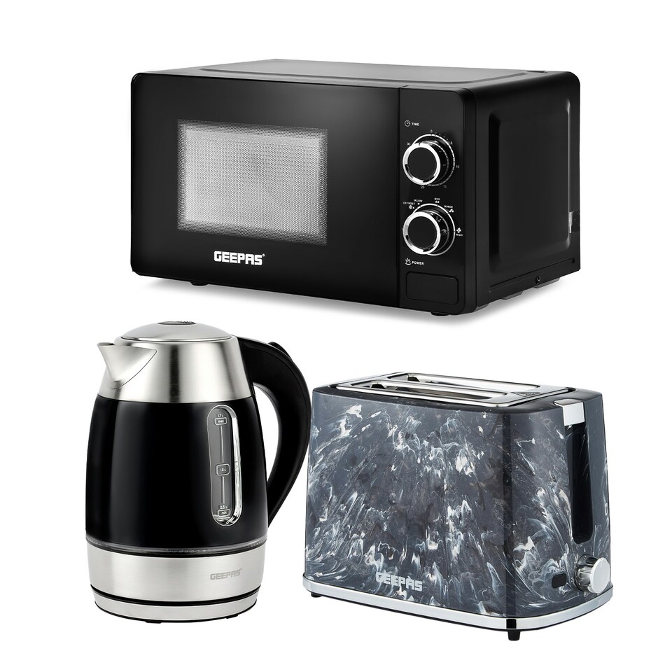 GEEPAS  1.7L Illuminating Electric Kettle 2 Slice Bread Toaster & Microwave Kitchen Combo Set