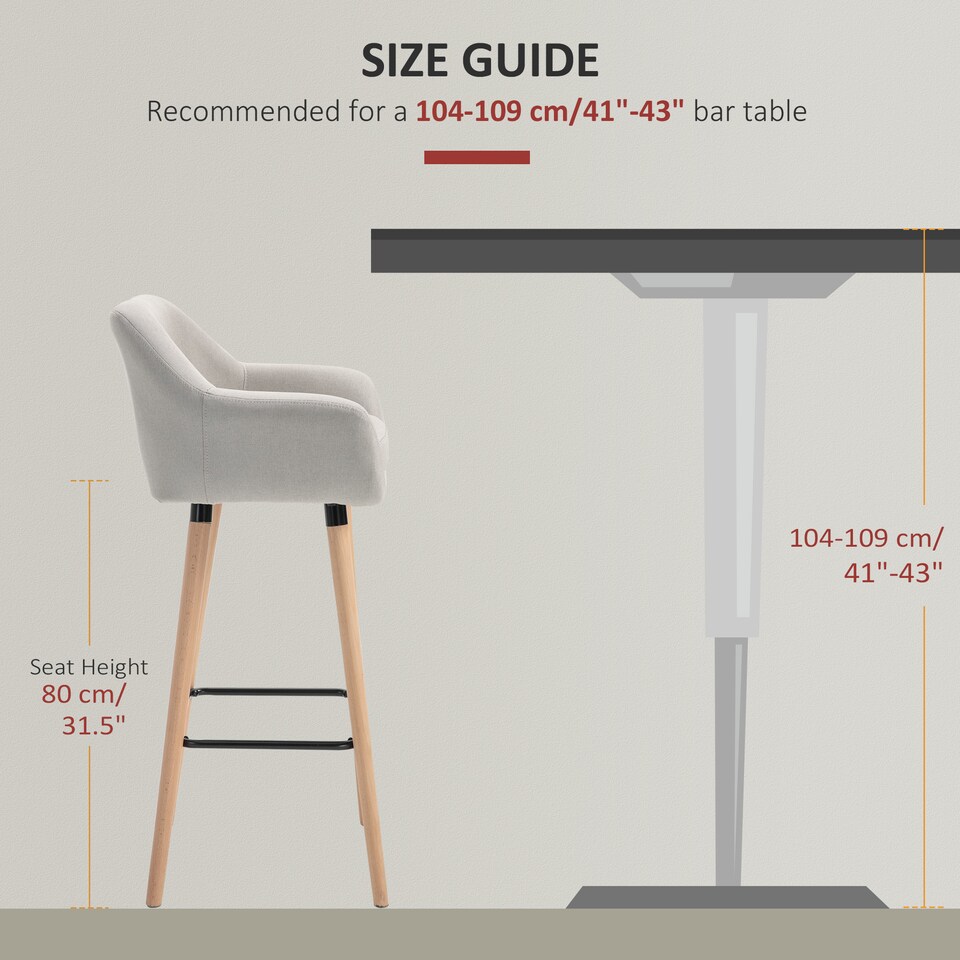 image 1 of HOMCOM Set of 2 Bar Stools Modern Upholstered Seat Bar Chairs with Metal Frame, Solid Wood Legs Living Room Dining Room Fabric Furniture - Beige