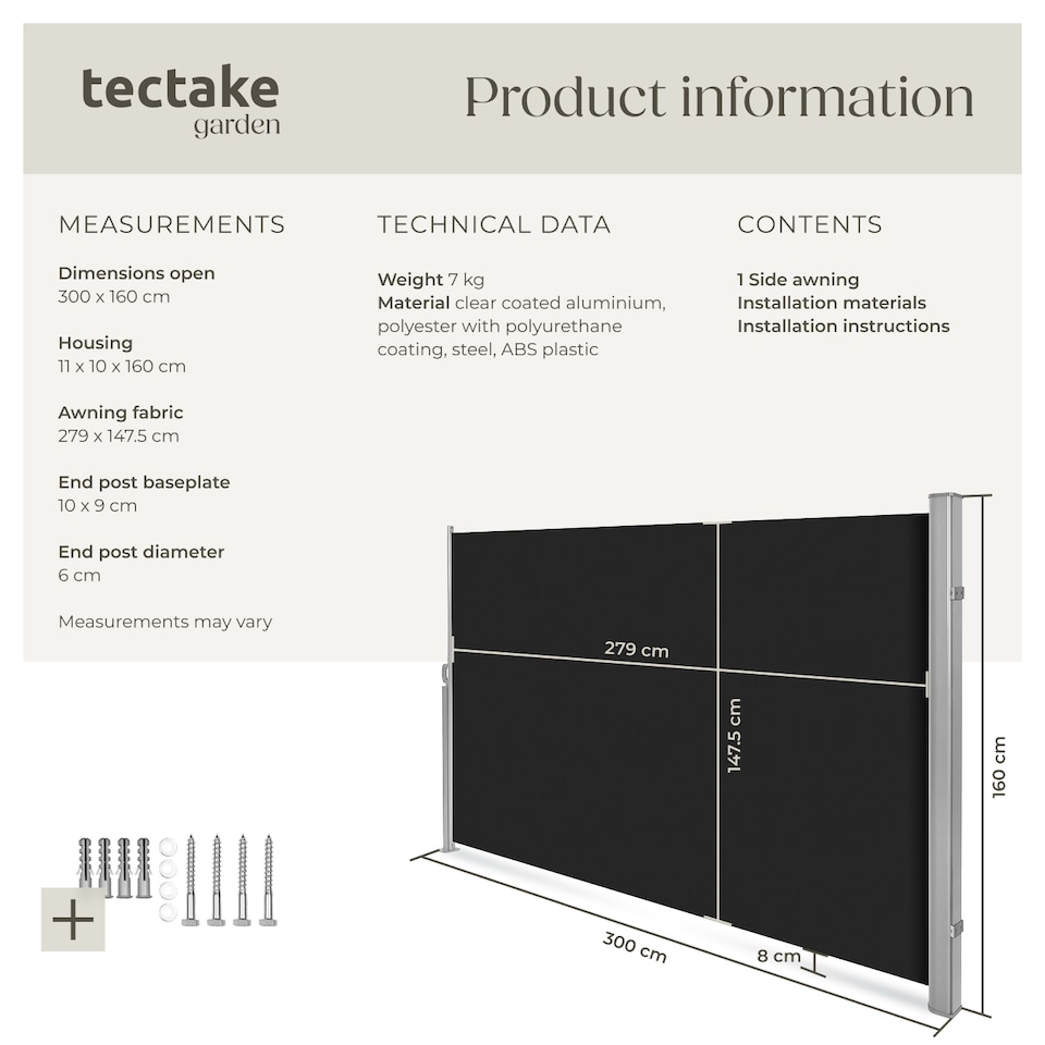 image 1 of Garden Privacy Screen with retractable side awning and aluminium casing | Black | black | 1
