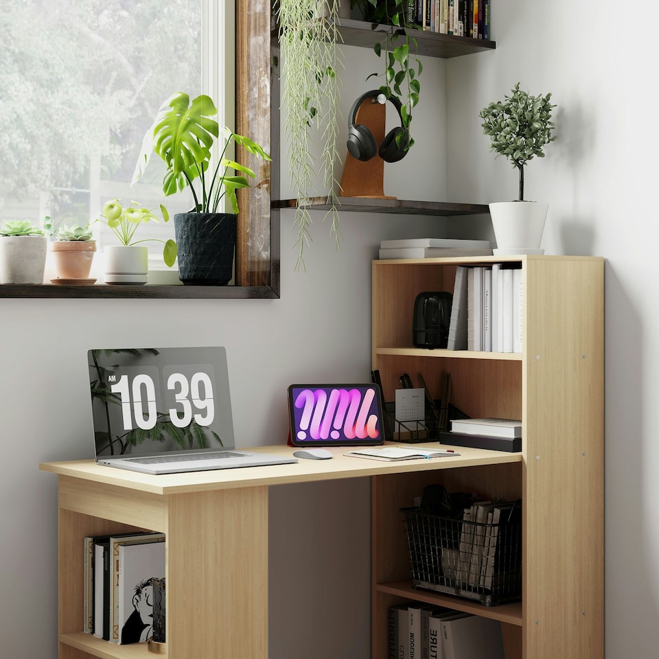 image 1 of HOMCOM 120cm Computer Desk Bookshelf Writing Table 6 Shelves Natural | Brown | 120L x 55D x 120H cm