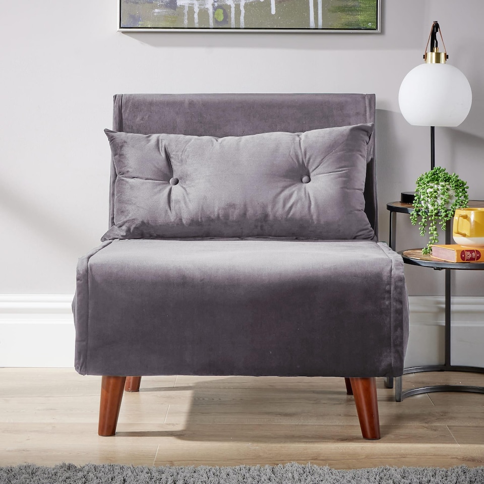 image 1 of Single Sofa Bed Folding Chair Velvet Wooden Legs One Pillow | Grey | One Size