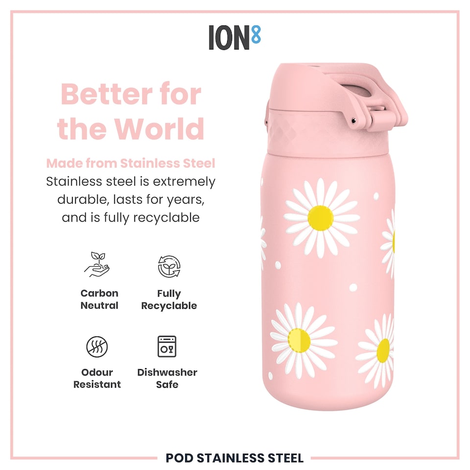 image 1 of Leak Proof Kids Water Bottle, Stainless Steel, 400ml (13oz) | Pink | Daisies | One Size