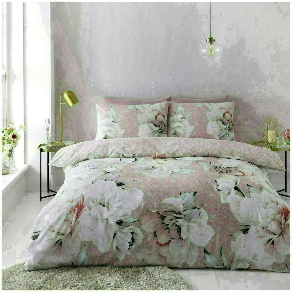image 1 of Ariana Floral Printed Duvet Cover Set Reversible Polycotton Beddings Pink | Double