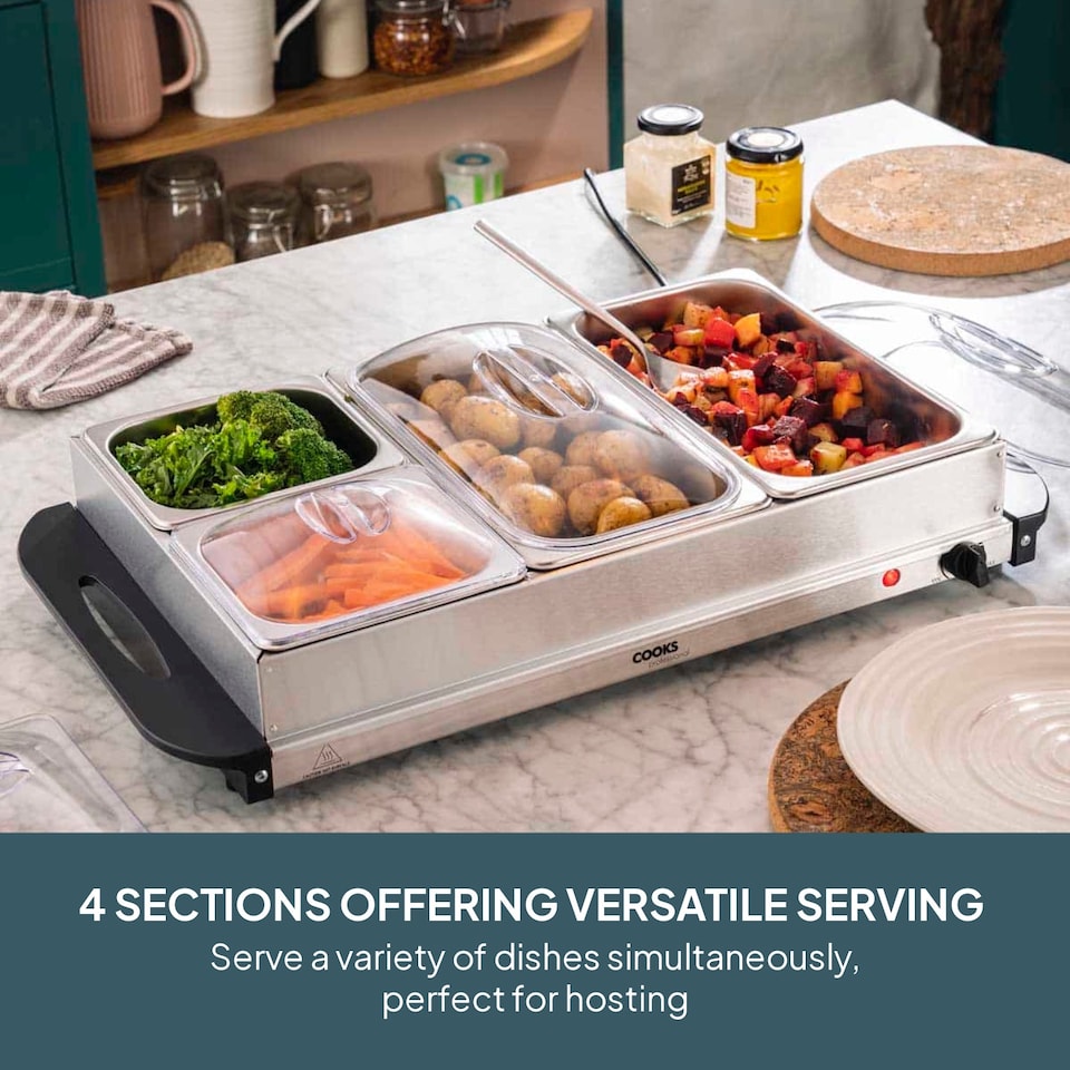 image 1 of Cooks Professional 4-Section Buffet Warmer 7.2L with Hotplate Function | Silver | Silver