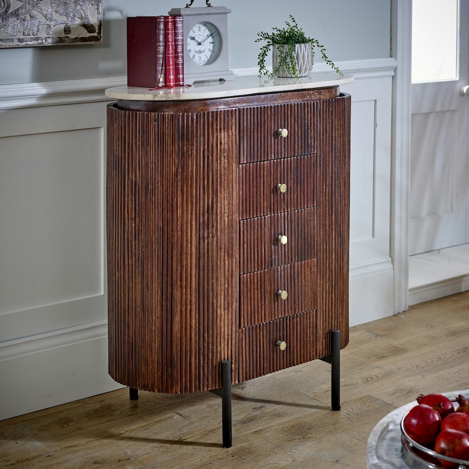 image 1 of Ruby Mango Wood Wide Chest of Drawers With Marble Top & Metal Legs
