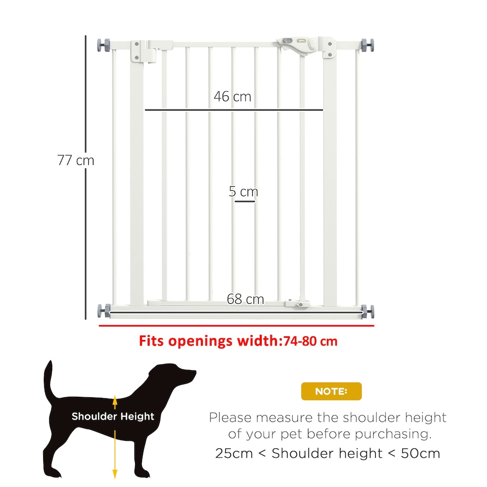image 1 of PawHut 74-80cm Wide Adjustable Safety Gate with 1 Extension, White