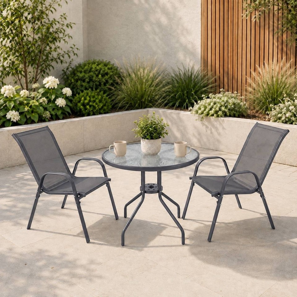 image 1 of 3 Pcs Garden Round Glass Top Table & 2 Chairs Bistro Set