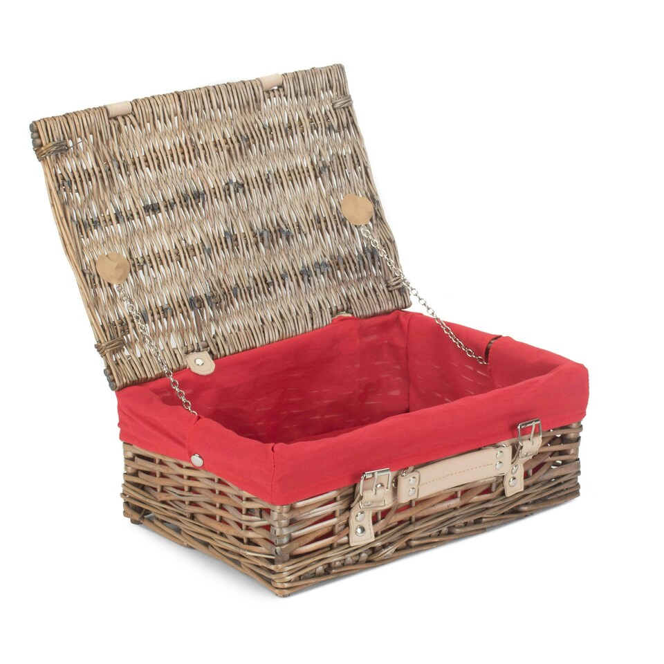 image 1 of 35cm Antique White Wash Split Willow Wicker Picnic Basket with Lining Red | Red | One Size