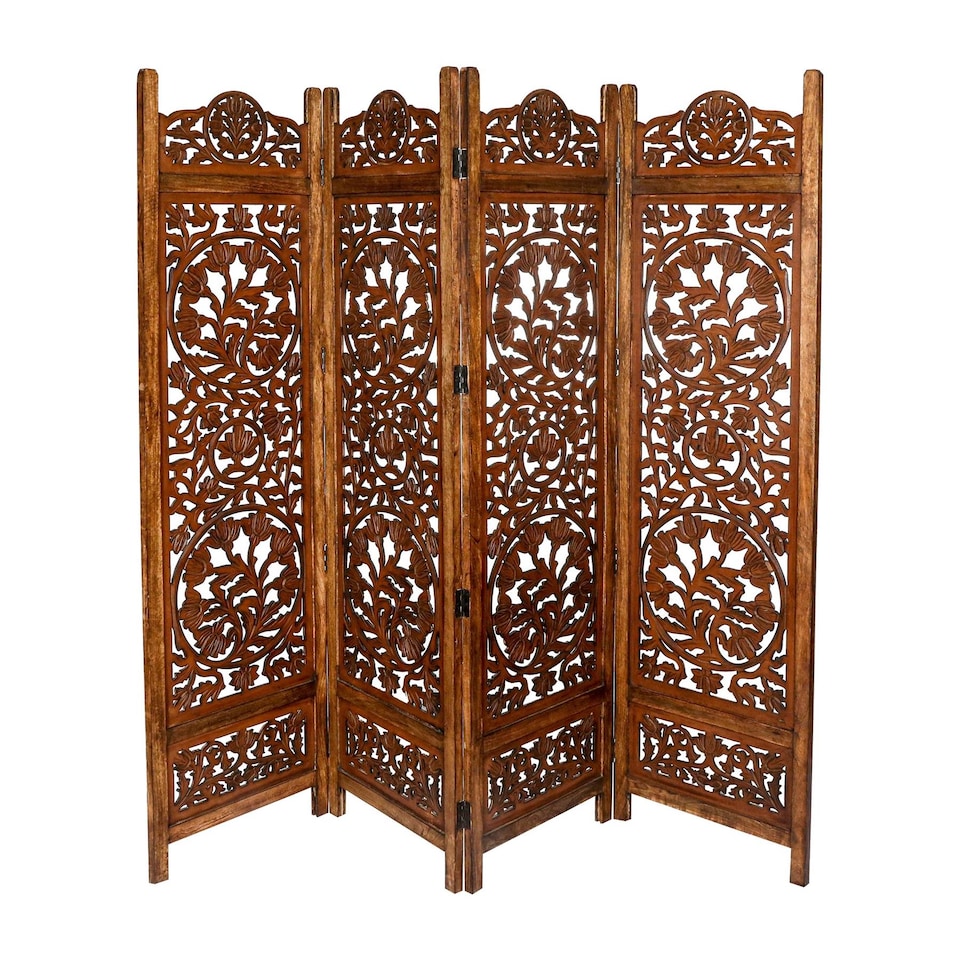 image 1 of 4 Panel Heavy Duty Carved  Screen Wooden Lotus Design Room Divider Light Brown 200 x 180 cm | Brown | Light Brown | 200 x 180 cm