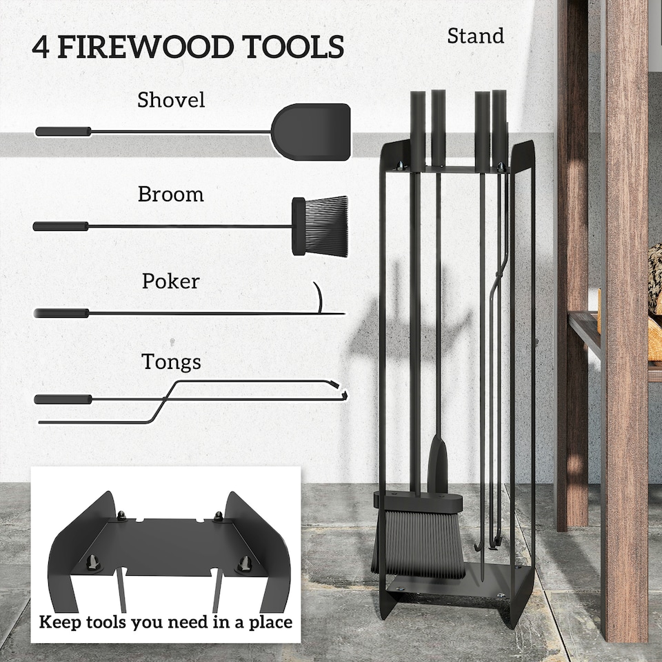 image 1 of Outsunny 5 PCS Fireplace Companion Set, Metal Fireplace Accessories, Black