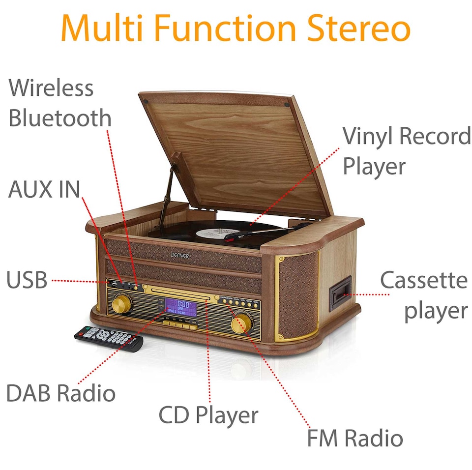 image 1 of Denver 9-in-1 Retro Vintage DAB Bluetooth Wooden Radio Record Player - MRD-51BT | Brown | Light Wood