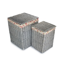 Set of 2 Grey Wash Square Laundry Basket with Garden Rose Lining | Grey | Rose