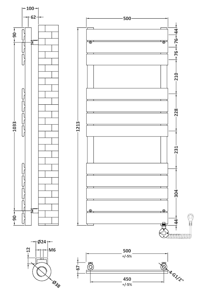 image 1 of Square Flat Heated Towel Rail with 12 Bars, 1213 x 500mm, Brushed Brass | Copper | Brushed Brass | 1