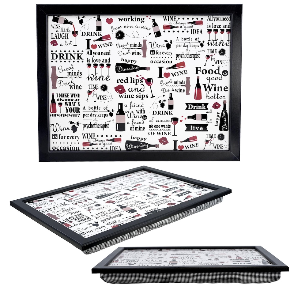 image 1 of GEEZY Wine Quotes Wooden Lap Serving Tray with Bean Bag Cushion 44x34cm