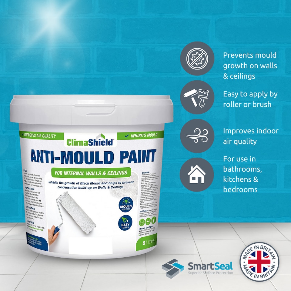 image 1 of SmartSeal - Anti-Mould Paint - Magnolia (5L) For Bathroom, Kitchen and Bedroom Walls & Ceilings - Protection Against Mould