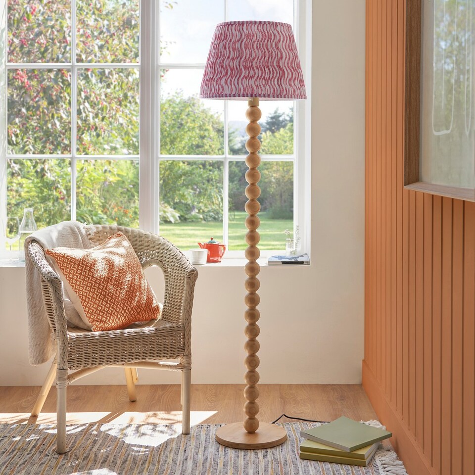 image 1 of Cane Natural Bamboo Floor Lamp with Coral Pink Fabric Ripple Shade 40cm E27
