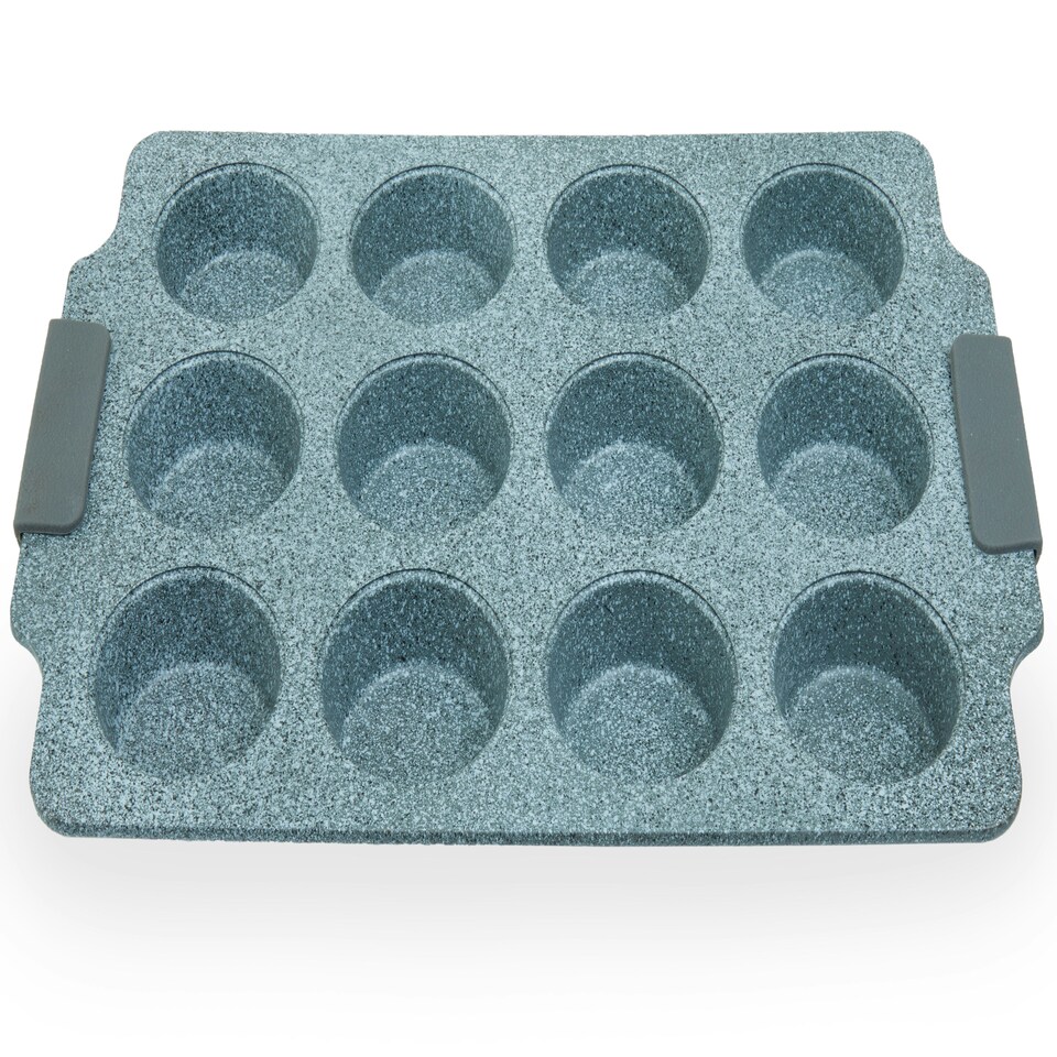 image 1 of Interiors by Premier Grey 12 Muffin Tray | Marble Finish Muffin Oven Tray, Non-Stick Baking Tray for Perfet Muffins