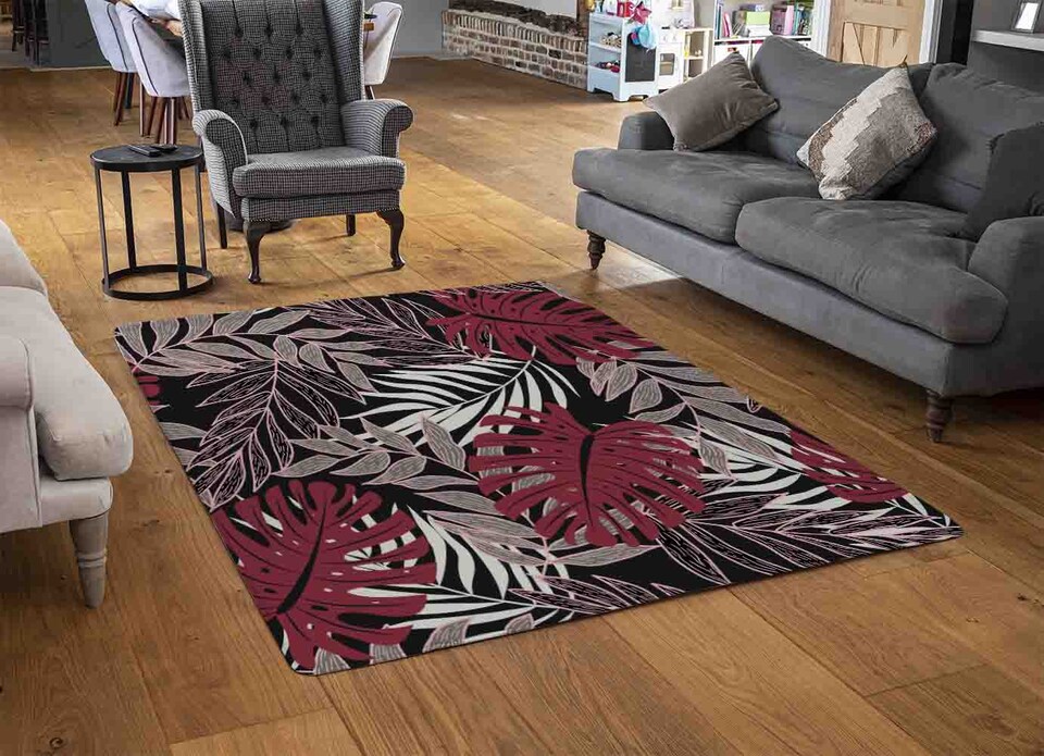 image 1 of Tropical Leaves In Red White & Grey Rug | Multi
