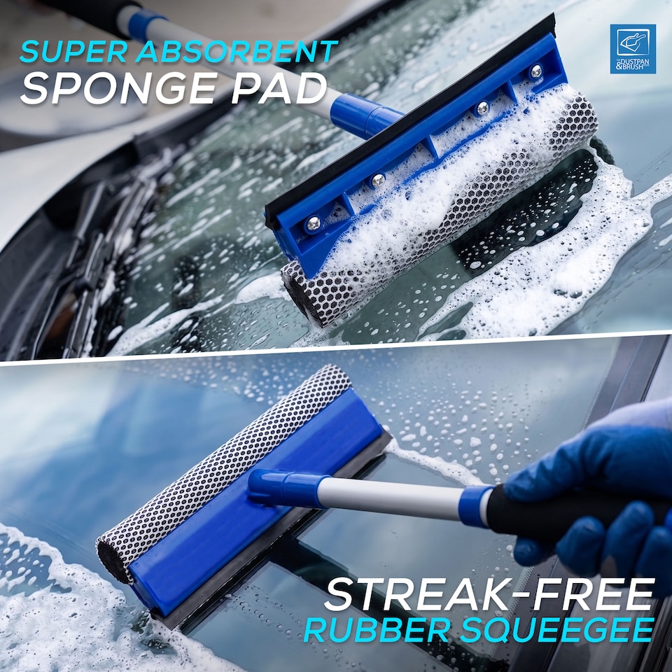 image 1 of Telescopic 2-in-1 Window Squeegee Extendable Glass Cleaner with Sponge Scrubber