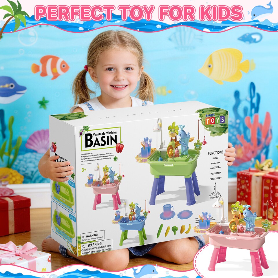 image 1 of 2 in 1 Beach Table & Simulation Kitchen Sink Toy Set with Water Supply Function and Color-Changing Tableware - Pink
