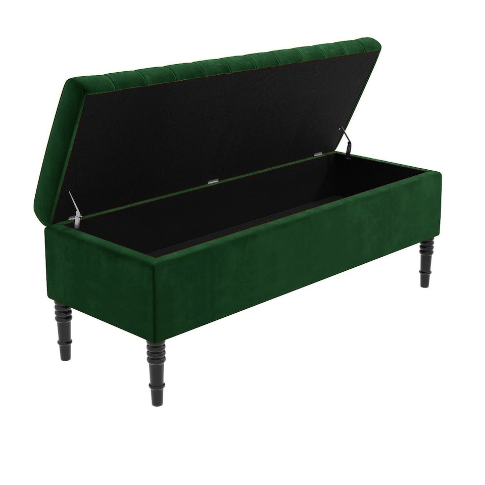 image 1 of 137cm Paris Striped Ottoman Storage Bench- Plush Velvet Shoe Bench - Forest Green Upholstery Footstool with Storage