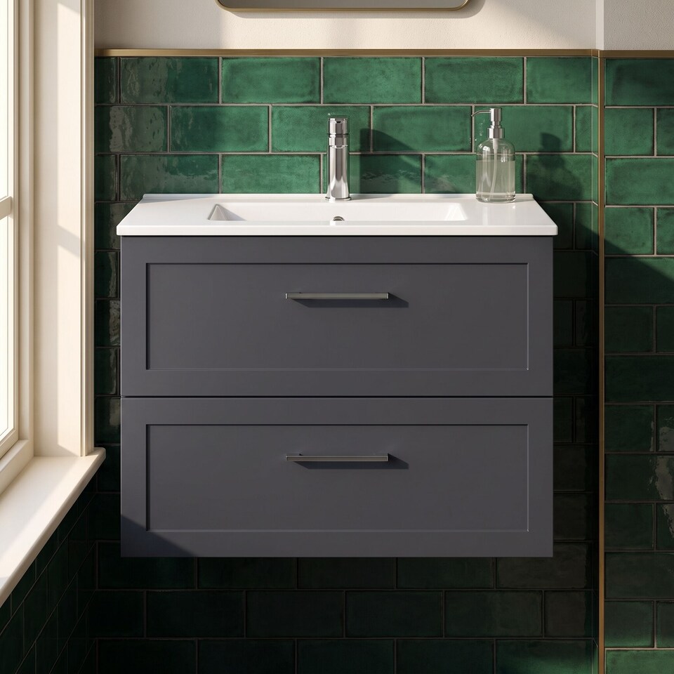 image 1 of Stonnall Traditional Wall Hung 2 Drawers Vanity Unit with Minimalist Ceramic Basin, 800mm, Dark Grey