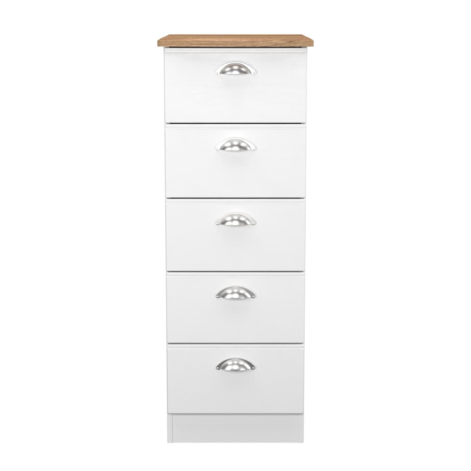 image 1 of Albert 5 Drawer Tall Bedside Cabinet in White Ash & Riviera Oak (Ready Assembled) | White | White Ash & Riviera Oak