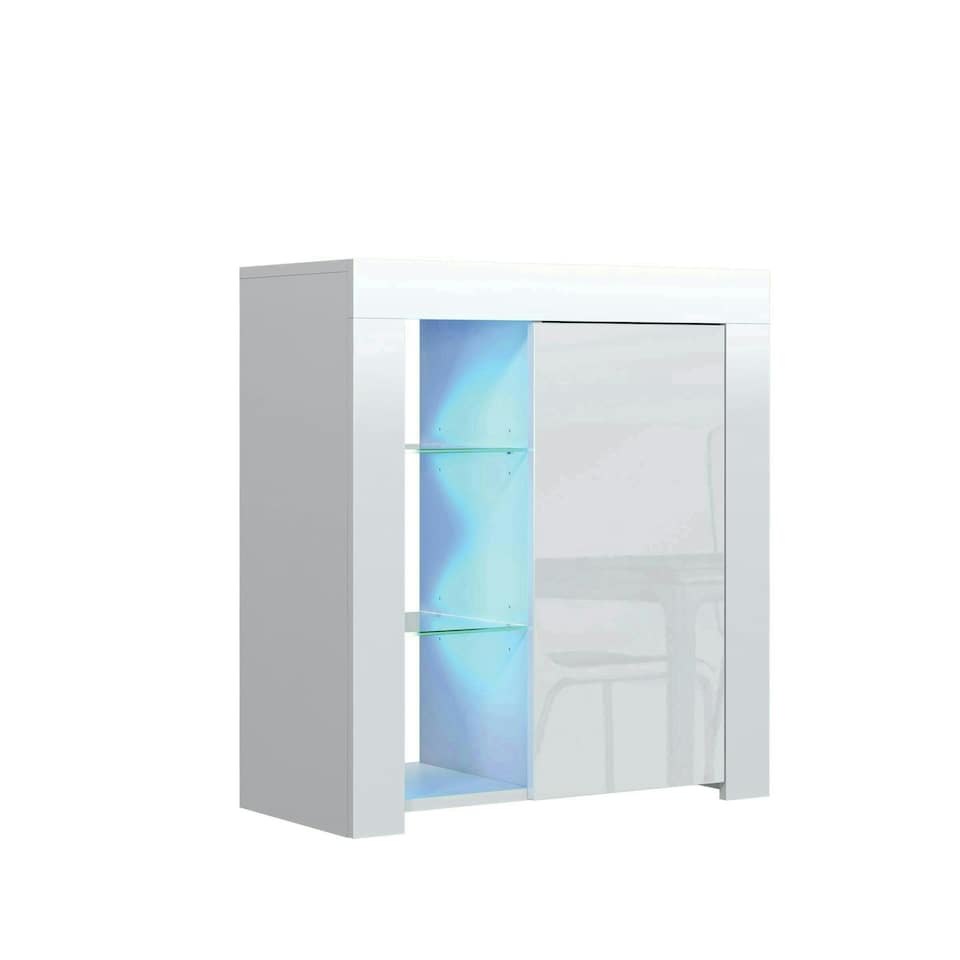 image 1 of Sideboard 75cm White Gloss Door White Matt Body Glass Shelves Free LED | White