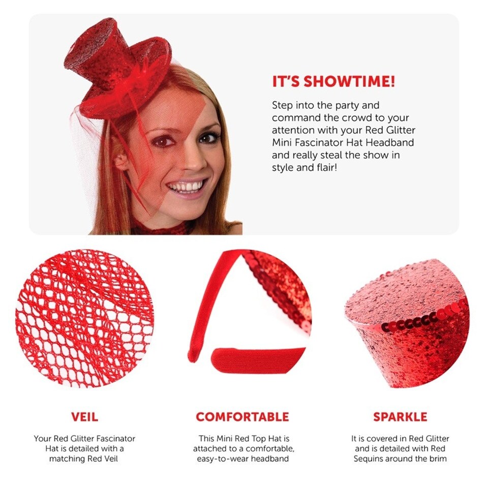 image 1 of Pack of 12 Mini Red Glitter Fascinator Top Hat Red | One Size