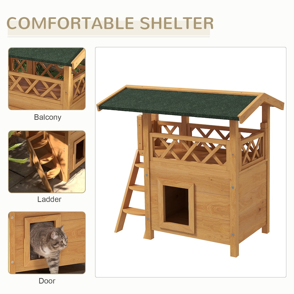 image 1 of PawHut Outdoor Cat House Kitten Shelter Puppy Kennel with Balcony Stairs Asphalt Roof, 77 x 50 x 73 cm