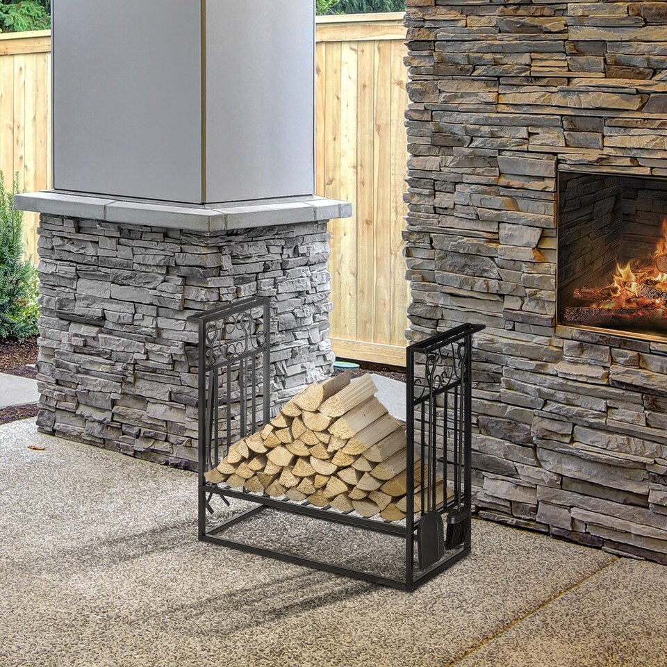 image 1 of HOMCOM Steel Firewood Log Holder Indoor Outdoor Firewood Rack Fireplace Wood Storage Shelf with 4 Tools, Hooks, Scrolls, RustResistant, Black, 75L x 30W x 60H cm