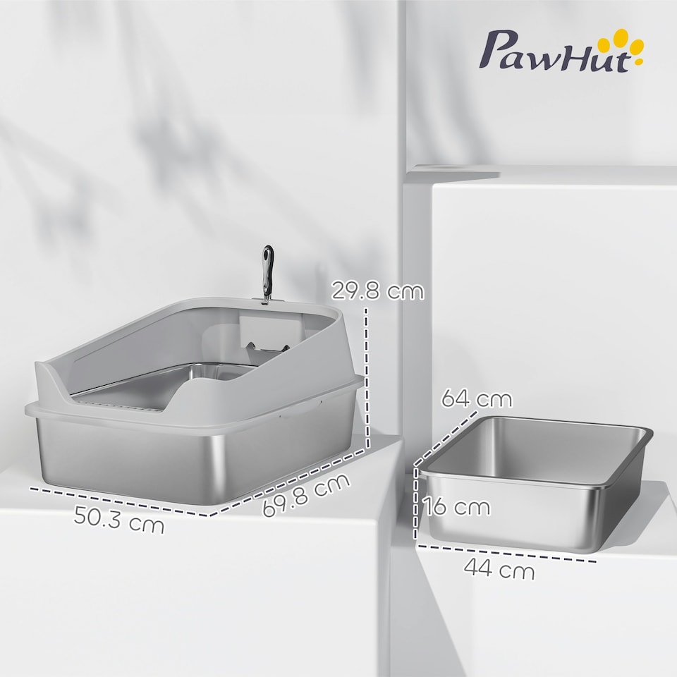 image 1 of PawHut Stainless Steel Cat Litter Box with High Sides Grey | L