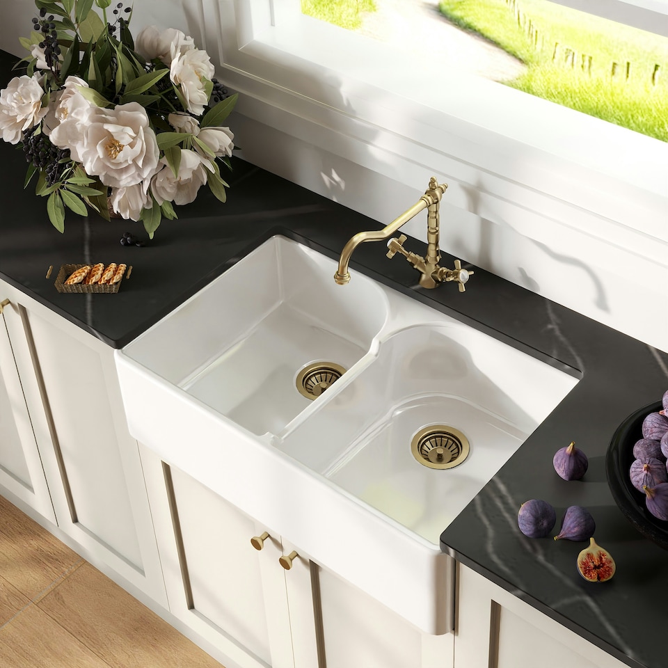 image 1 of Fireclay Kitchen Bundle - Double Bowl Stepped Weir Butler Sink, Wastes & French Classic Tap, 795mm - Brushed Brass - Balterley