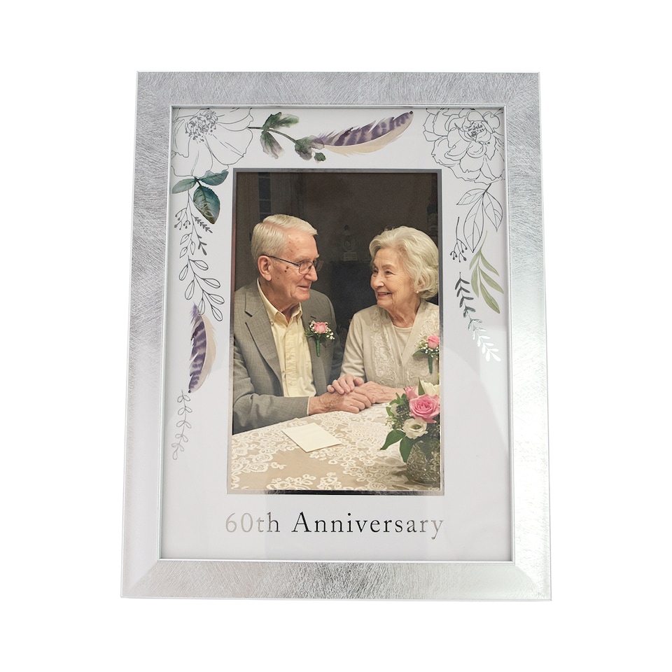 image 1 of Modern 60th Anniversary 4x6 Frame in Brushed Silver with Floral Decor | Silver | One Size