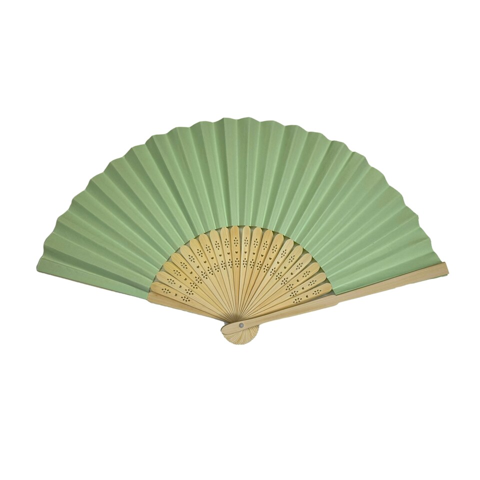 image 1 of Light Green Paper Foldable Hand Held Bamboo Wooden Fan by Parev