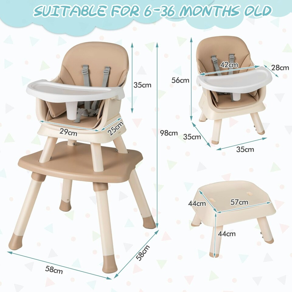 image 1 of COSTWAY 6-in-1 Baby High Chair Convertible Feeding Chair-khaki