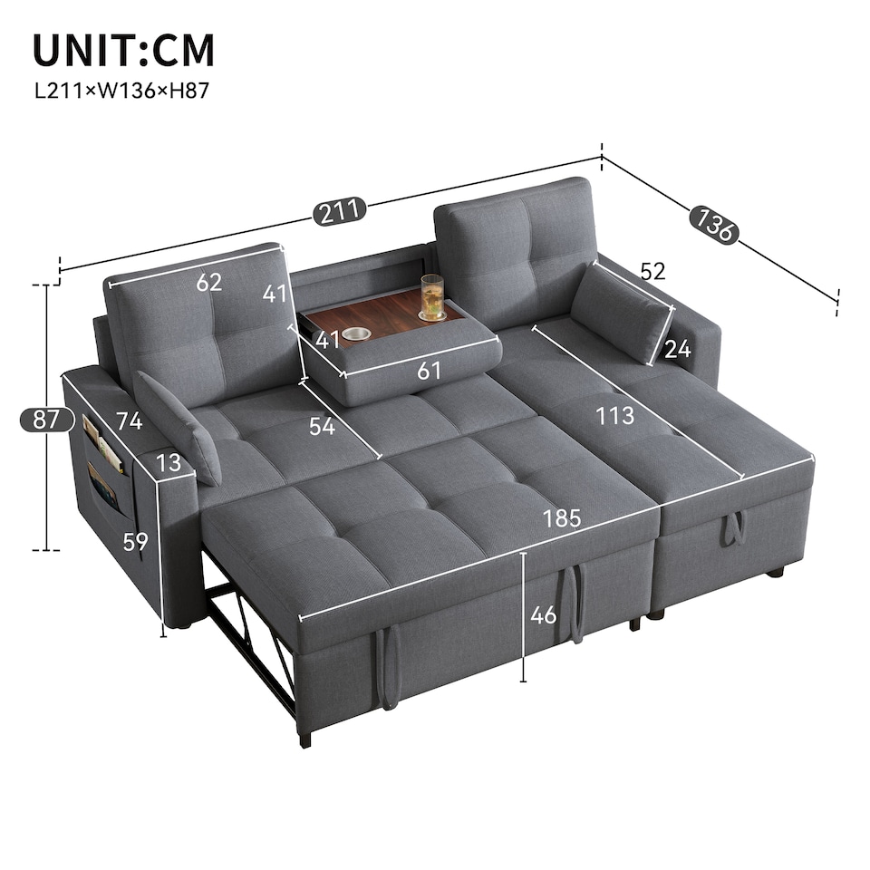 image 1 of FENCHILIN Sofa Bed with Pull-Out Sleeper Reversible Chaise Drop-Down Cup Holder Side Pockets Grey