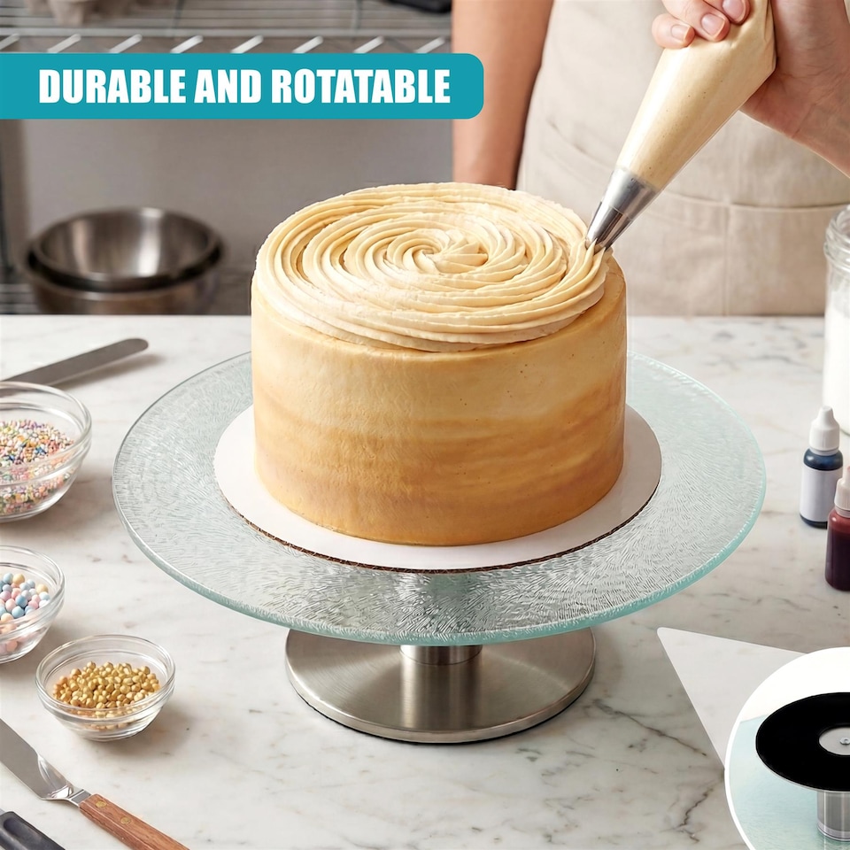 image 1 of GEEZY Rotating Cake Stand Serving Display Platter Silver Finish 30cm