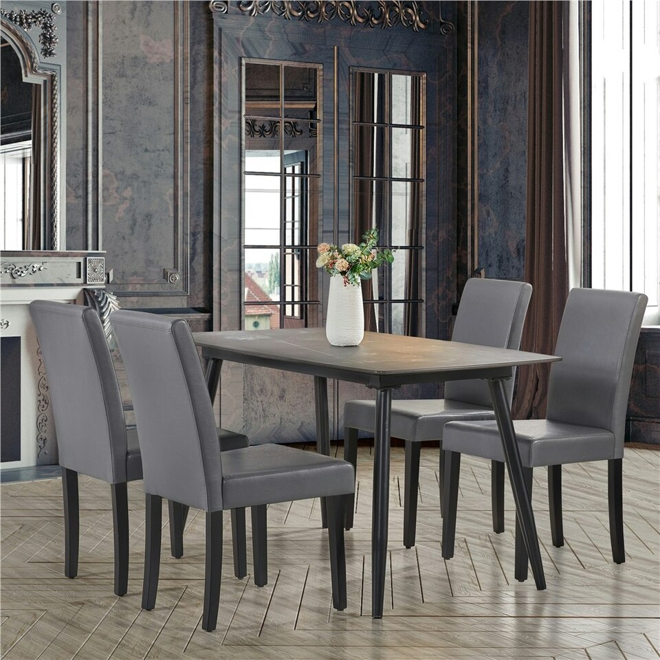 image 1 of Yaheetech Set of 4 Fabric Upholstered Dining Chairs with Solid Wood Legs Grey | Dark Grey